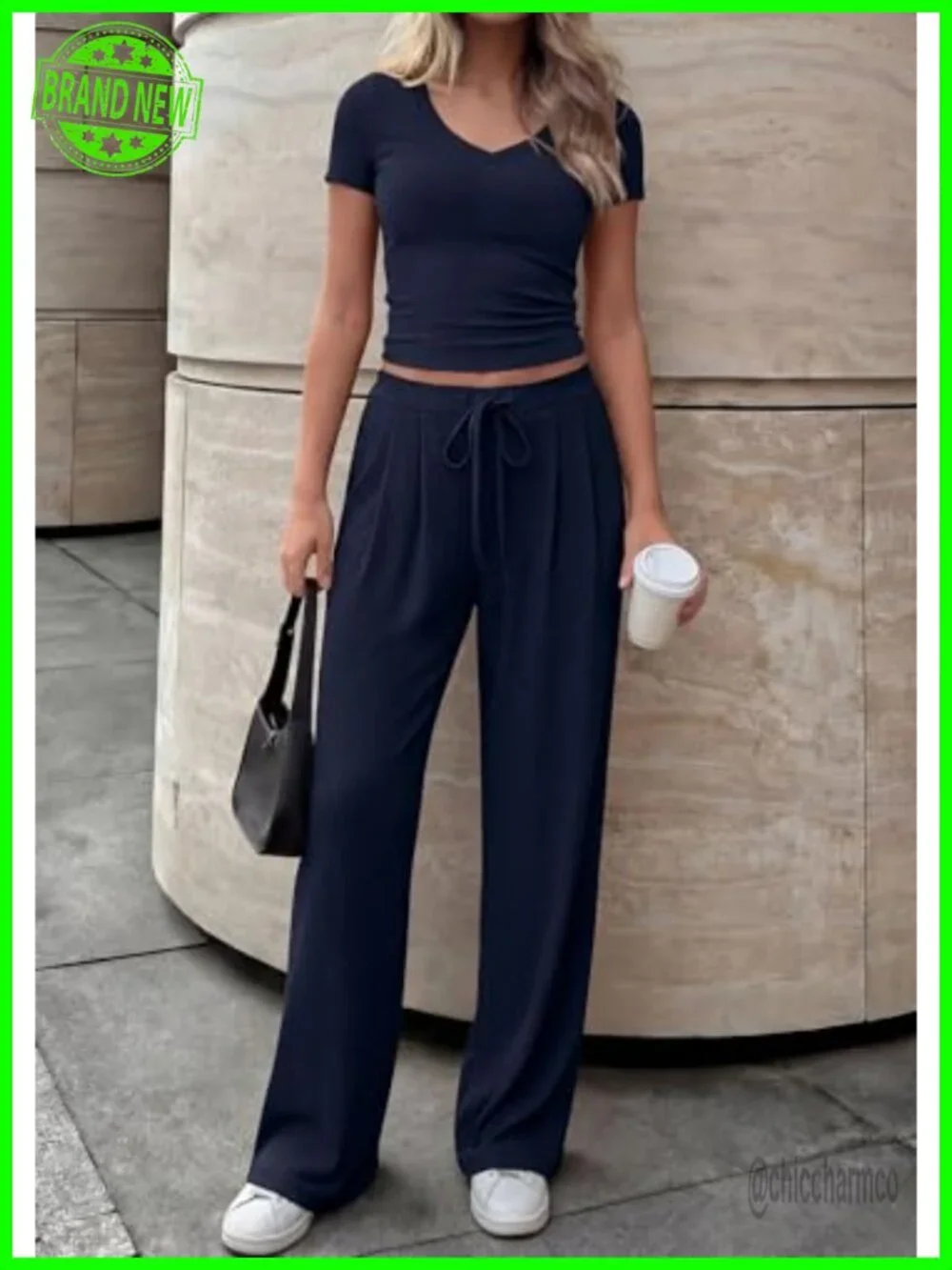 2 Piece Matching Lounge Set - V Neck Top Wide Leg Pants Travel Outfit